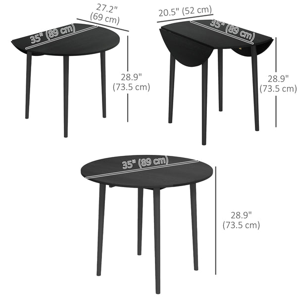 Round drop-leaf dining table for small spaces, wooden legs, antique black