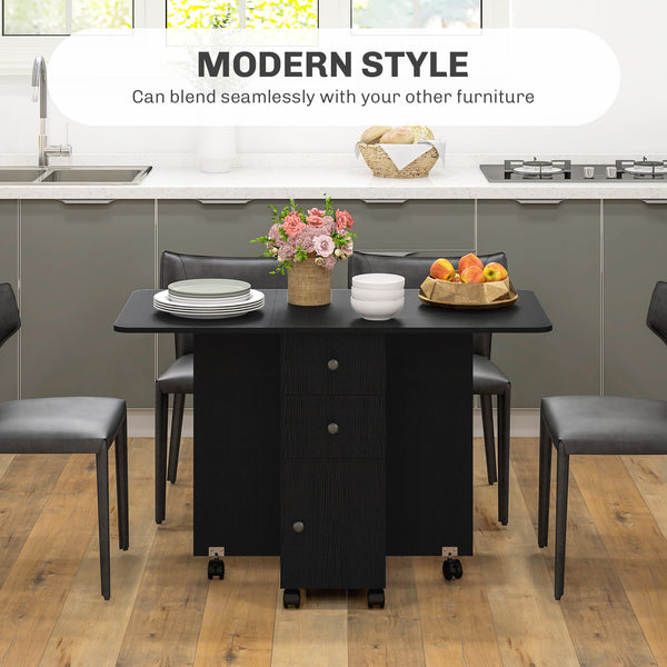 Black dining table on wheels with drawers and cabinet, foldable