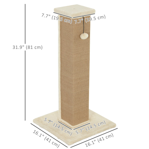 81cm High Cat Tree, Scratching Post with Hanging Ball and Soft Plush, Beige