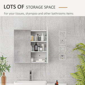 Wall-mounted medicine cabinet with mirrored doors, adjustable shelves, and soft-close mechanism, glossy white
