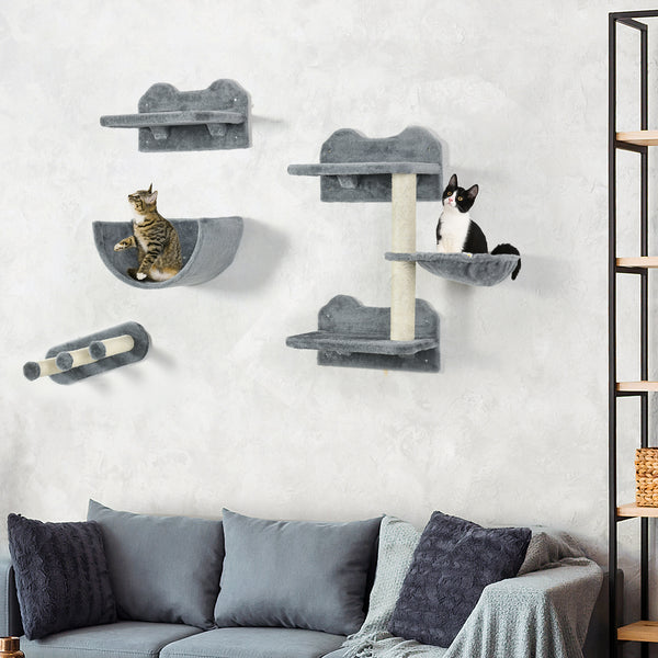 Wall-mounted cat shelves including a hammock and scratching post, grey