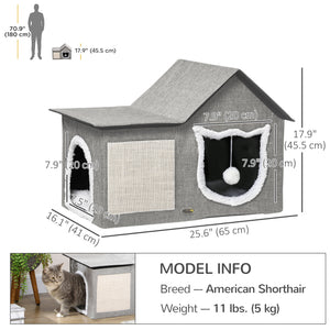 Cat house with soft cushion, scratching post, hanging ball and double entrance, grey.