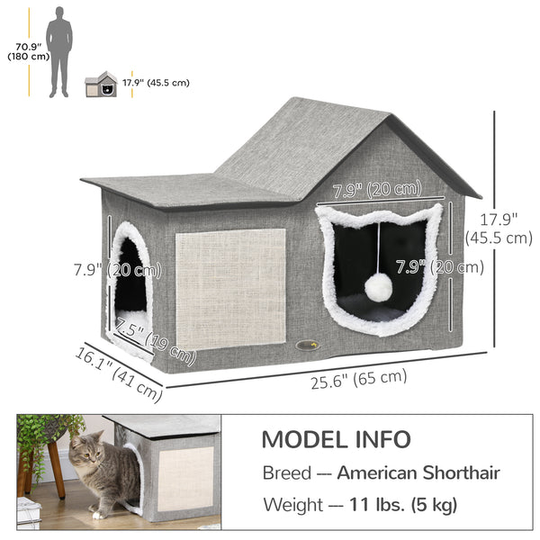 Cat house with soft cushion, scratching post, hanging ball and double entrance, grey.