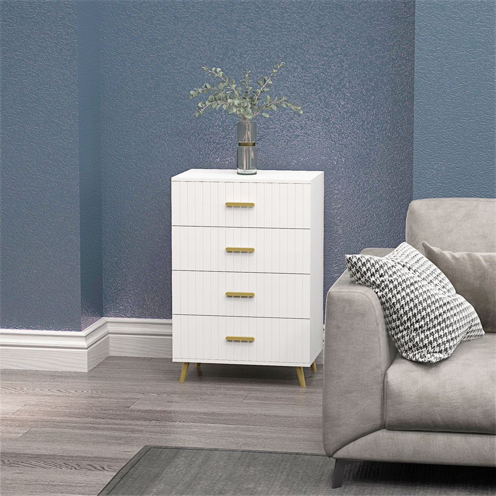 White 4-drawer chest of drawers for the bedroom.
