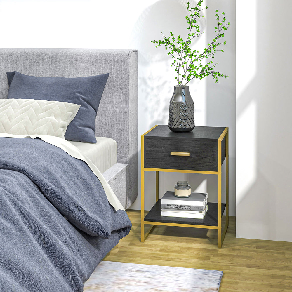 Set of 2 modern bedside tables, black and gold