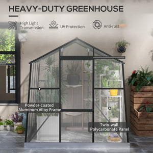 Polycarbonate greenhouse with sliding door, 5-level roof ventilation and gutter
