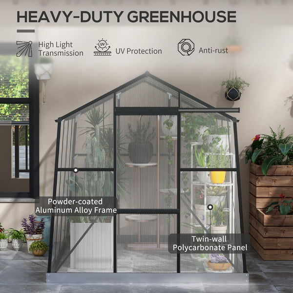 Polycarbonate greenhouse with sliding door, 5-level roof ventilation and gutter