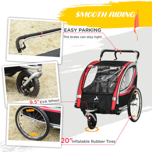 2-seater bicycle trailer with handbrake, 5-point harness, red