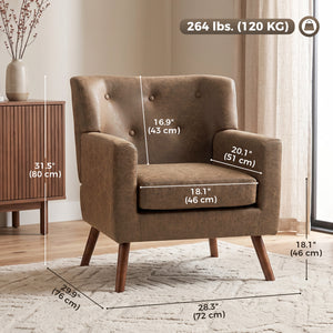 Tufted armchair in brown faux leather, wooden legs