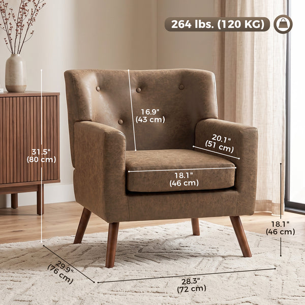 Tufted armchair in brown faux leather, wooden legs