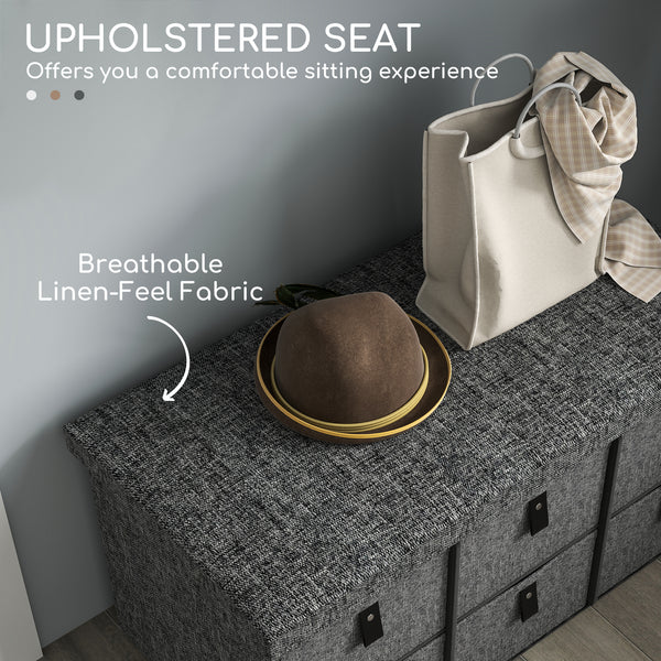 Shoe bench with cushion and 6 fabric drawers, anthracite grey