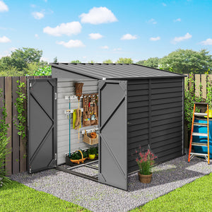 Lean-to steel garden shed with foundation kit, lockable doors and 2 vents, dark grey