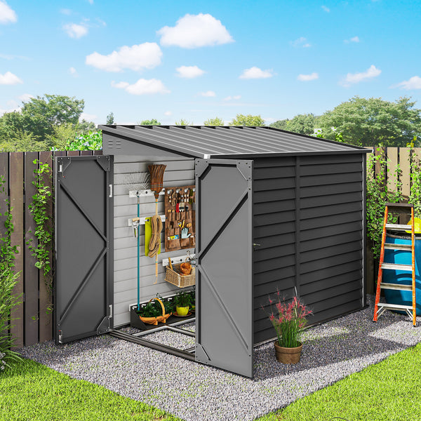 Lean-to steel garden shed with foundation kit, lockable doors and 2 vents, dark grey