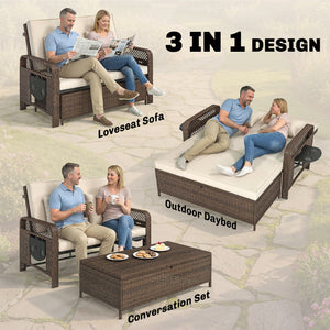 Double patio lounge chairs with cushions, PE wicker, adjustable backrest and side tables, brown/cream