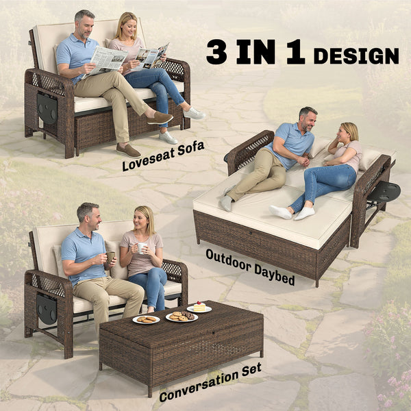 Double patio lounge chairs with cushions, PE wicker, adjustable backrest and side tables, brown/cream