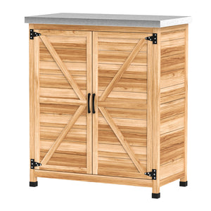 Garden storage unit with metal top, natural color