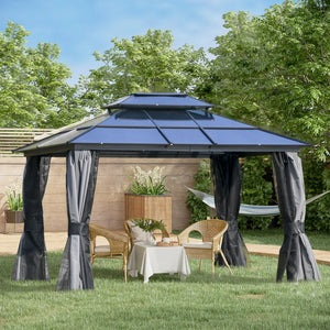 10 x 12 Gazebo with rigid aluminum roof, double slope, curtains and mesh side panels, black and grey