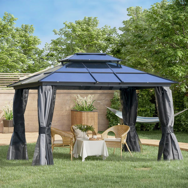 10 x 12 Gazebo with rigid aluminum roof, double slope, curtains and mesh side panels, black and grey