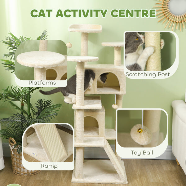 54-inch Multi-Level Cat Tree with Scratching Posts, Condos, Bed, Platforms, Beige