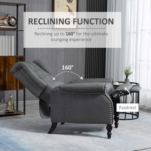 Recliner with ottoman, tufted and rolled arms, dark gray