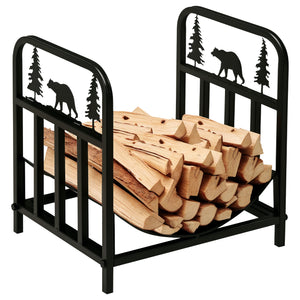Curved log holder with bear and pine motif
