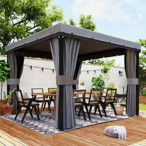 10 x 10 2-tier gazebo with zippered mesh side panels, aluminum frame, light grey