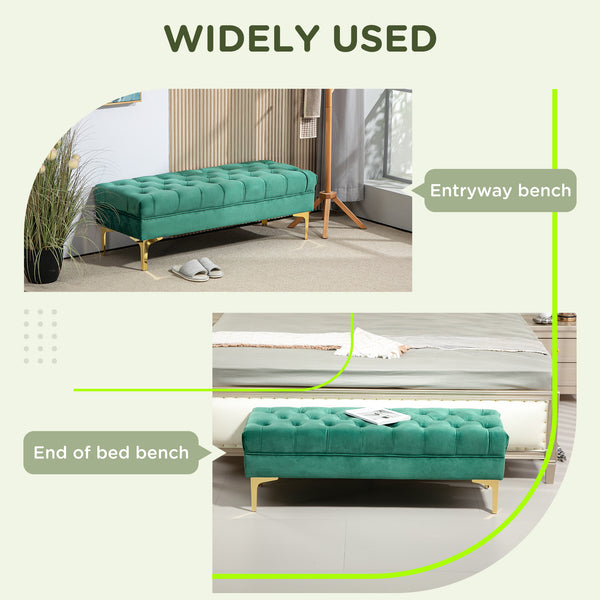 Upholstered bed bench with button tufting, dark green