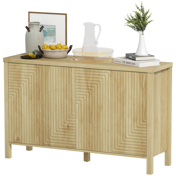 Buffet with fluted doors, push-to-open mechanism, 2 adjustable shelves and 4 doors, natural color
