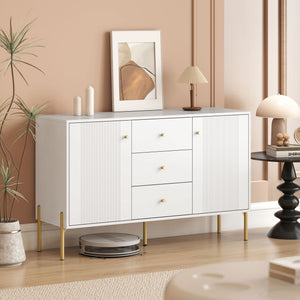 Modern storage buffet with 3 soft-close drawers and 2 adjustable shelves, white