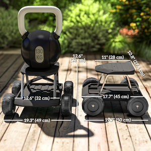 Rolling garden stool with integrated tool tray