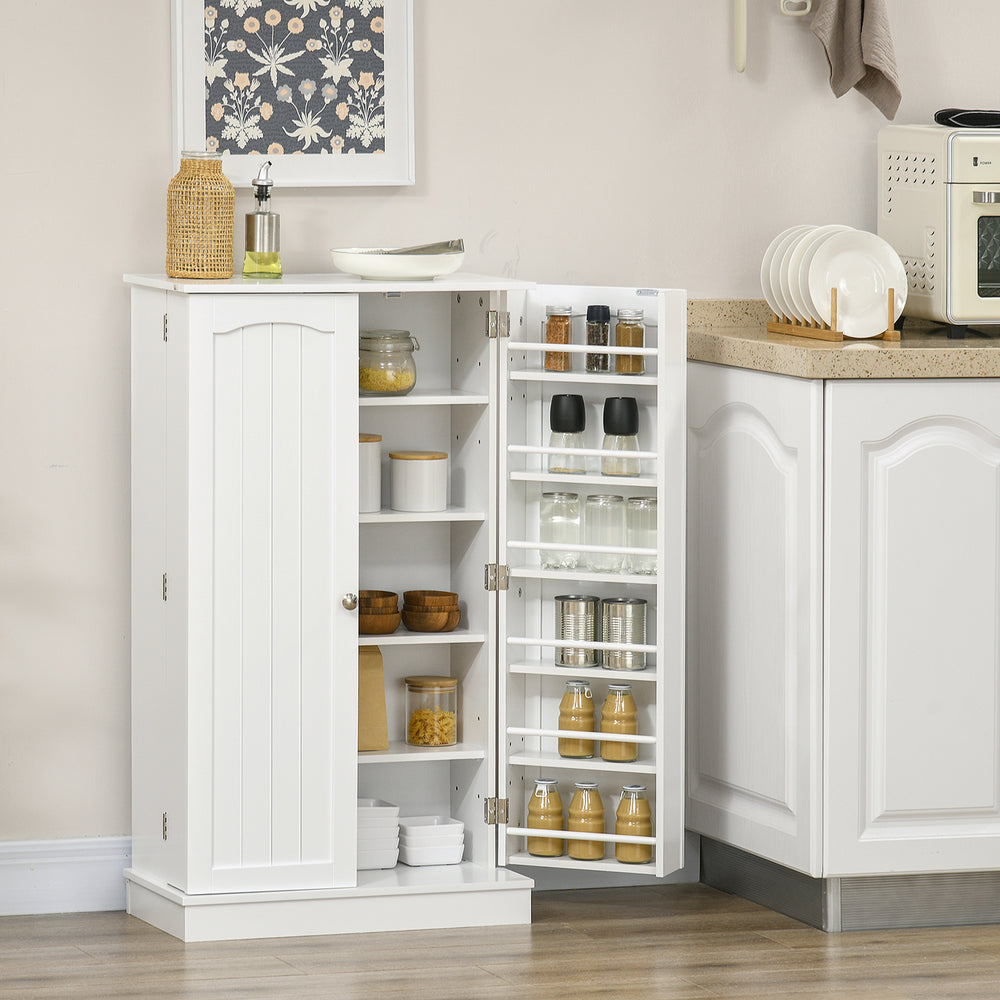 Storage cabinet with adjustable shelves and spice rack, white