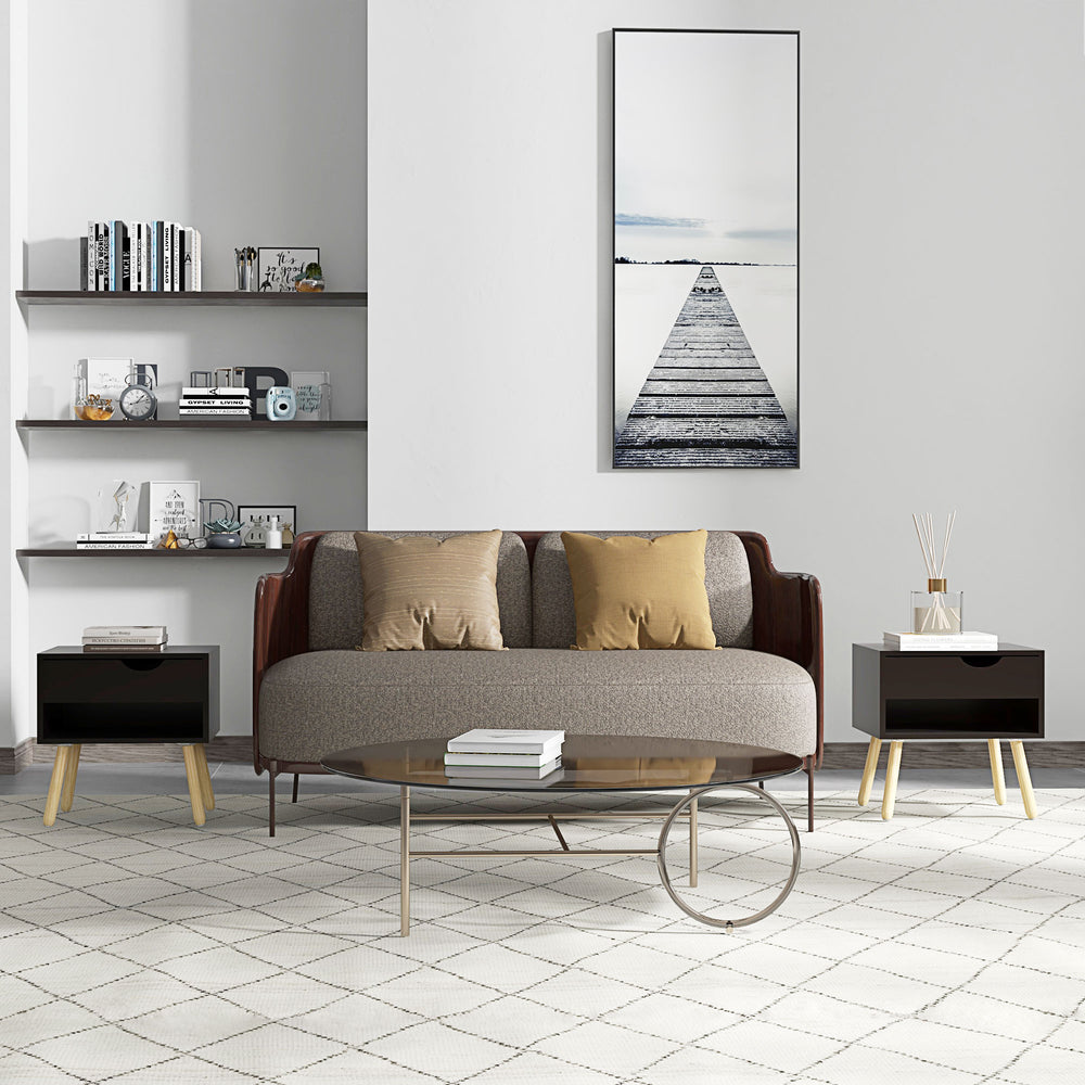 Set of 2 bedside tables with storage drawer and shelf, black