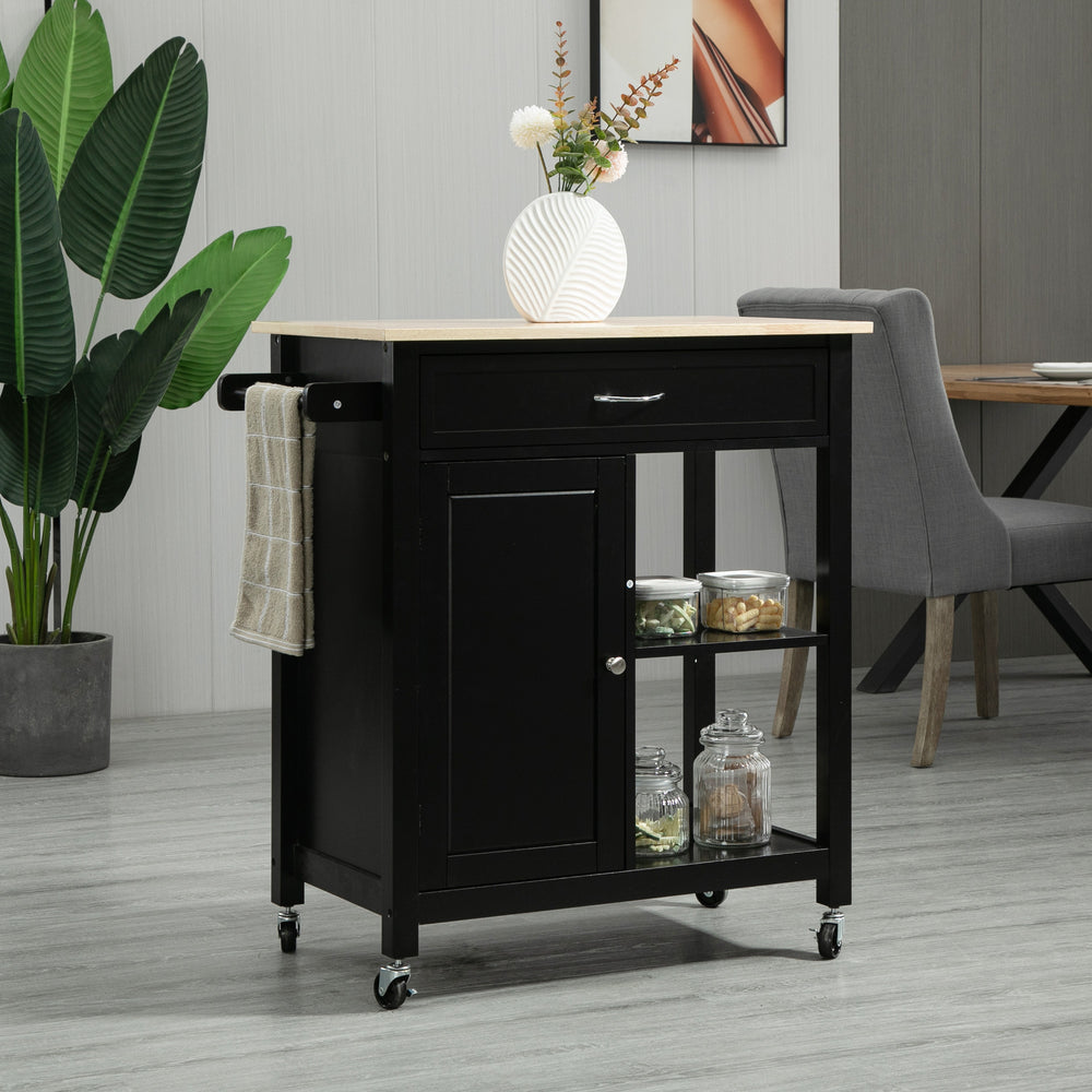 Rolling kitchen trolley with wooden top and drawer, black