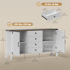 Country style sideboard with thick top, 2 barn doors, 4 drawers and 2 adjustable shelves, white
