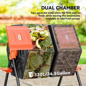 Rotating double-compartment composter with 24 ventilation holes and steel legs, 130 litres, orange