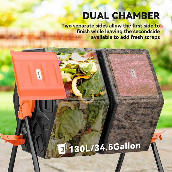 Rotating double-compartment composter with 24 ventilation holes and steel legs, 130 litres, orange