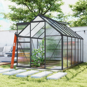 Ground-level greenhouse with adjustable roof ventilation, galvanized base, sliding door and gutter, anthracite grey