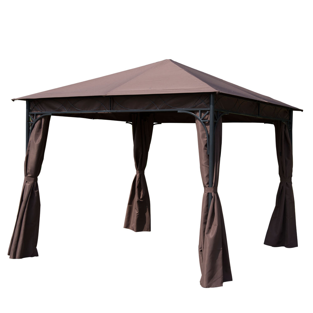 10x10ft Steel Garden Gazebo Patio Canopy Outdoor Event Party Tent Backyard Sun Shelter with Curtain Coffee