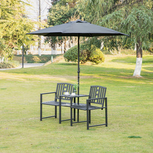 2-seater metal garden bench with central table, black