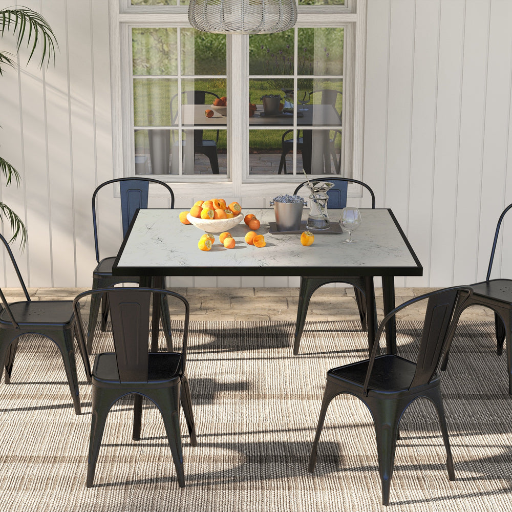 Outdoor dining table with tempered glass top with marble effect, white