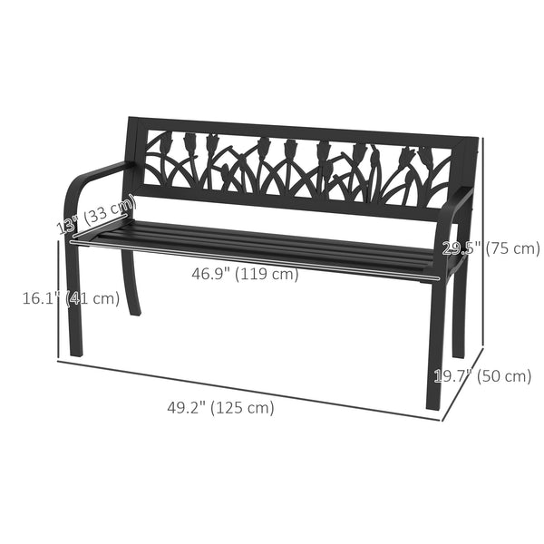 Metal Outdoor Bench with Curved Armrests and Slatted Seat for Patio, Black
