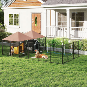 Large outdoor kennel with 2 compartments, swivel and height-adjustable food bowls