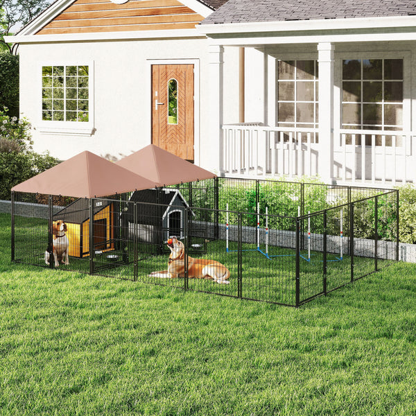 Large outdoor kennel with 2 compartments, swivel and height-adjustable food bowls