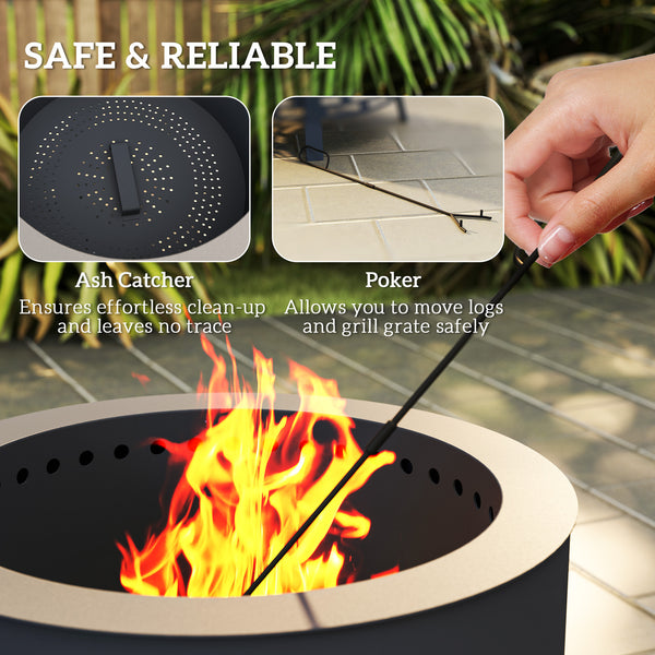 Wood-burning fireplace with grate, ash catcher and poker, black