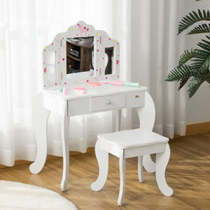 Dressing table set with folding mirrors, star and heart patterned drawer, white