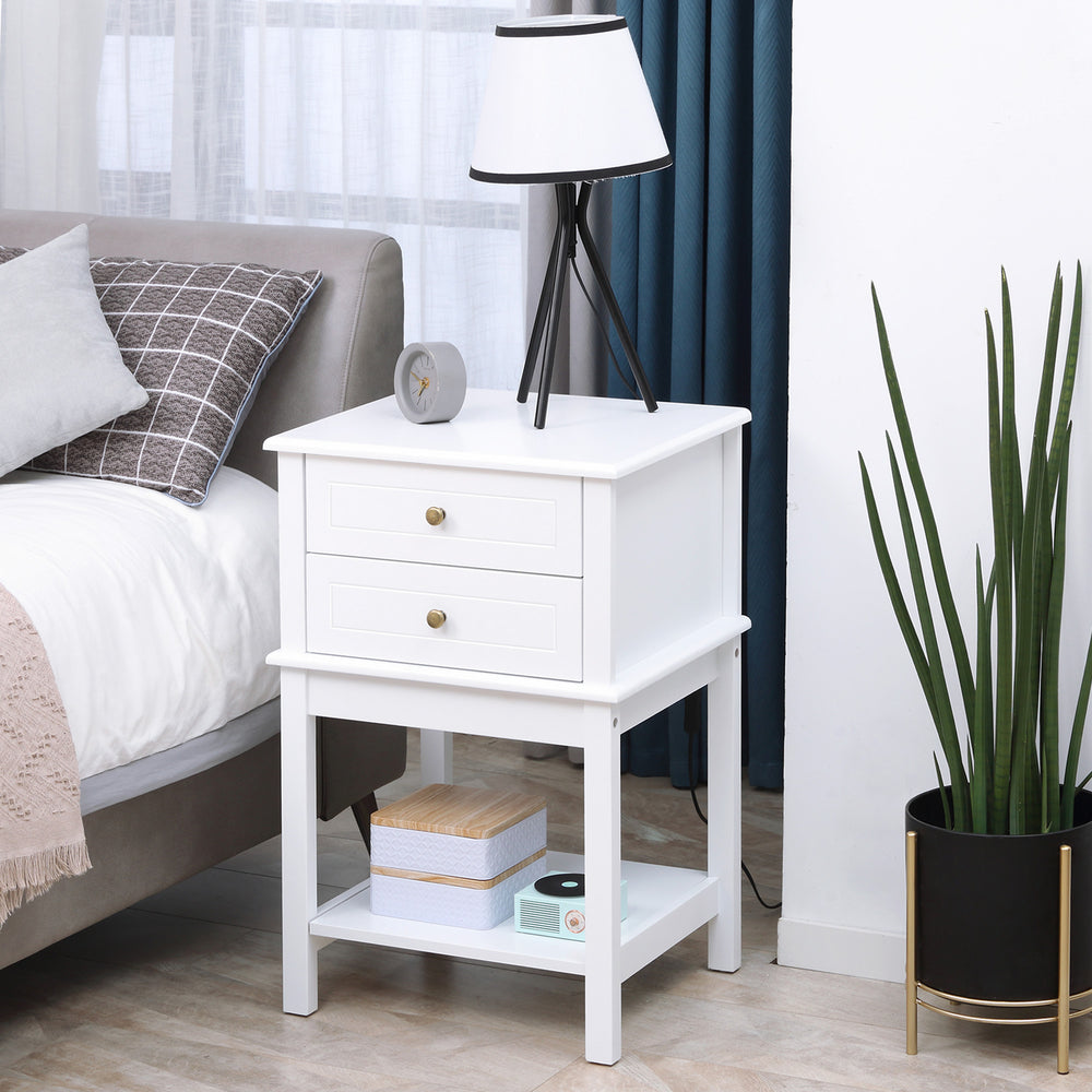 Modern side table with drawers and storage shelf, white