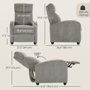 Corduroy recliner with upholstered seat, ideal for the living room, gray