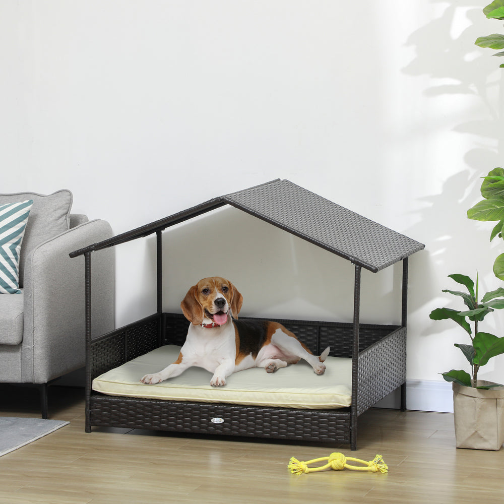 Outdoor Dog House Wicker Dog Bed with Soft Cushion Washable Cover, for Medium Large Dogs Indoor Outdoor, Cream White