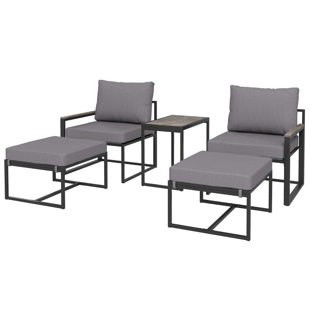 Ensemble de meubles de jardin gris 5 pièces, avec petit canapé, poufs et coussins confortables, idéal pour terrasse ou patio