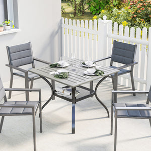 Outdoor Dining Table for 4, Square Patio Table with Umbrella Hole, Shelf, Slatted Faux Wood Steel Top, Grey